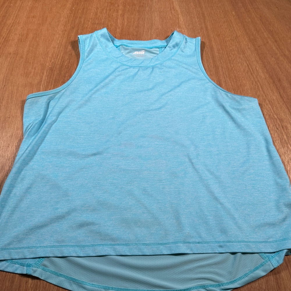 Avia Activewear Tank Top Women L 12-14 Blue Heathered Mesh Back High-Low Hem
